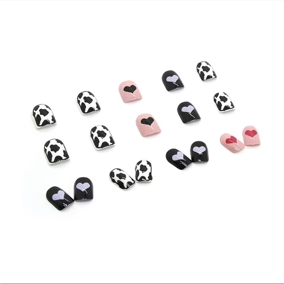 Acrylic Short Square Tip Hearts Cow Print Manicure Red Black Nails Professional - Picture 6 of 6